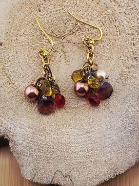 Gold-Tone Cluster Drop Earrings with Red, Brown and Yellow Beads